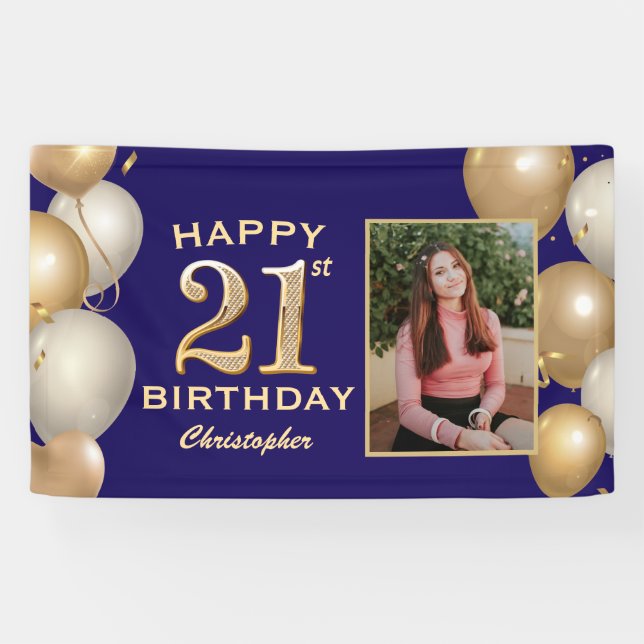 21st Birthday Party Navy Blue and Gold Balloons Banner (Horizontal)