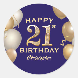 21st Birthday Party Navy Blue and Gold Balloons Classic Round Sticker