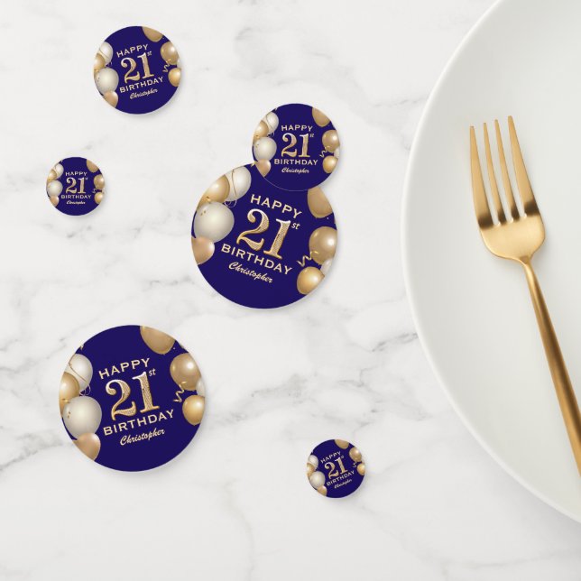21st Birthday Party Navy Blue and Gold Balloons Confetti (Group)