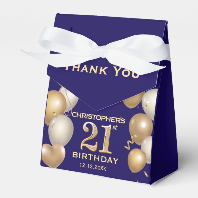21st Birthday Party Navy Blue and Gold Balloons Favour Box (Front Side)