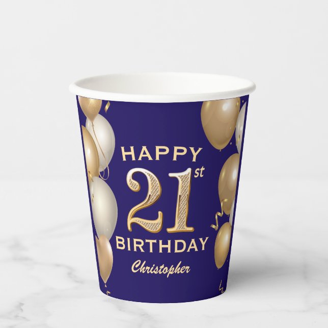 21st Birthday Party Navy Blue and Gold Balloons Paper Cups (Front)