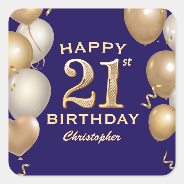 21st Birthday Party Navy Blue and Gold Balloons Square Sticker (Front)