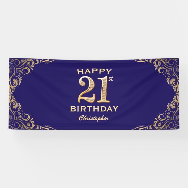 21st Birthday Party Navy Blue and Gold Glitter Banner (Horizontal)