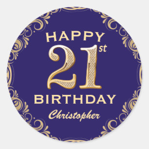 21st Birthday Party Navy Blue and Gold Glitter Classic Round Sticker