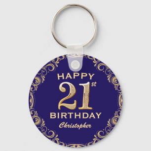 21st Birthday Party Navy Blue and Gold Glitter Key Ring