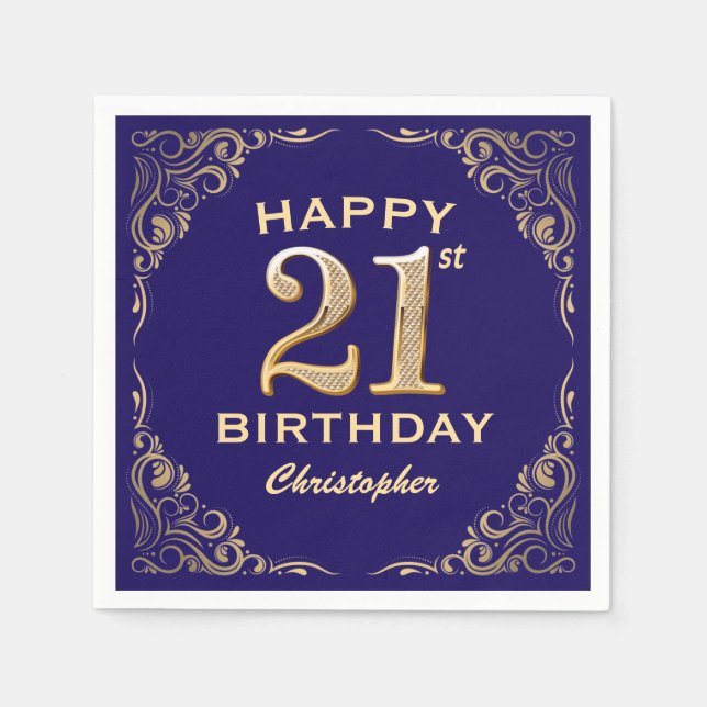 21st Birthday Party Navy Blue and Gold Glitter Napkin (Front)