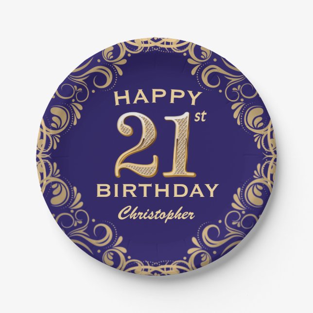 21st Birthday Party Navy Blue and Gold Glitter Paper Plate (Front)