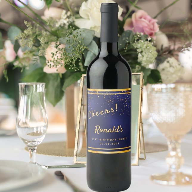 21st Birthday party navy blue gold cheers Wine Label (Creator Uploaded)