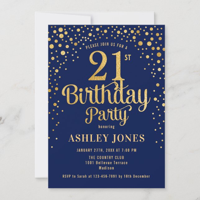 21st Birthday Party - Navy & Gold Invitation (Front)