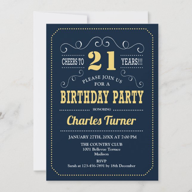 21st Birthday Party - Navy Gold Invitation (Front)