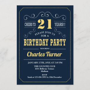 21st Birthday Party - Navy Gold Invitation