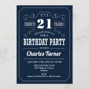 21st Birthday Party - Navy White Invitation