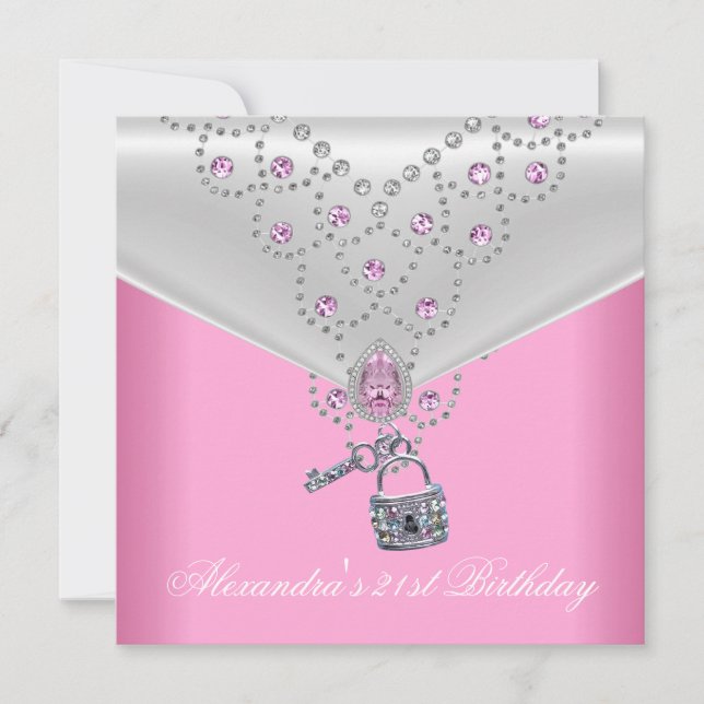 21st Birthday Party Overlay Pink Jewel Key Lock 2 Invitation (Front)