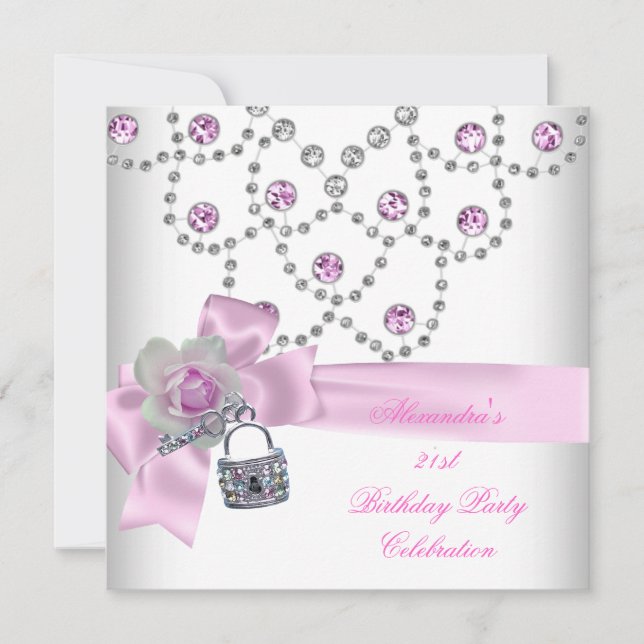 21st Birthday Party Overlay Pink Jewel Key Lock Invitation (Front)