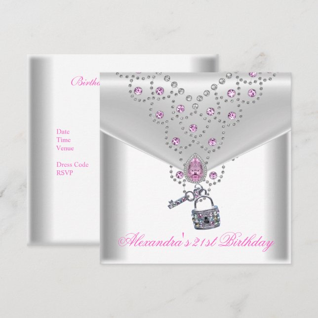 21st Birthday Party Overlay Pink Jewel Key Lock Invitation (Front/Back)
