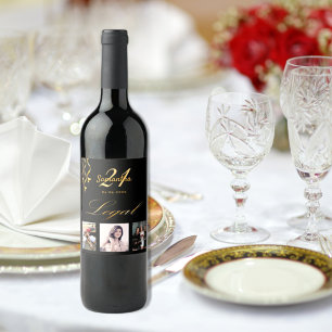 21st birthday party photo black gold cheers chic wine label