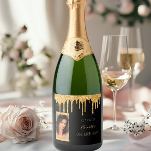 21st birthday party photo black gold glitter glam sparkling wine label