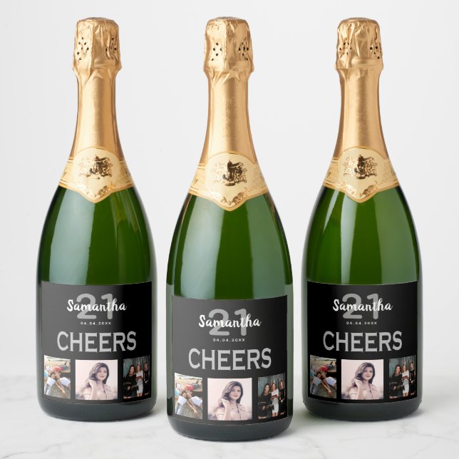 21st birthday party photo collage black cheers sparkling wine label (Bottles)