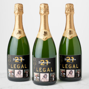21st birthday party photo collage black gold legal sparkling wine label