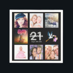 21st birthday party photo collage black napkin<br><div class="desc">A napkin for a girly 21st birthday party,  celebrating her life with a collage of 8 of your photos.  Templates for a name,  age 21 and a date.  Date of birth or the date of the party.  Black and grey coloured letters. Elegant black background colour.</div>