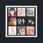 21st birthday party photo collage black napkin<br><div class="desc">A napkin for a girly 21st birthday party,  celebrating her life with a collage of 8 of your photos.  Templates for a name,  age 21 and a date.  Date of birth or the date of the party.  Black and grey coloured letters. Elegant black background colour.</div>