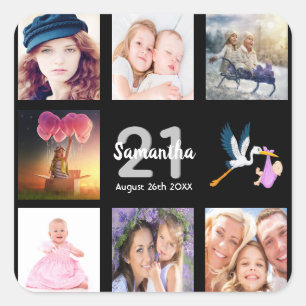 21st birthday party photo collage black square sticker