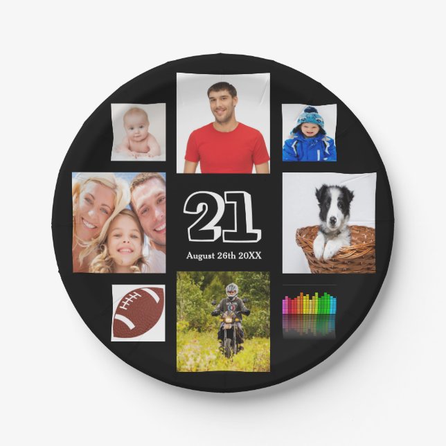 21st birthday party photo collage guy black paper plate (Front)