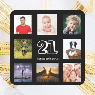 21st birthday party photo collage guy black square sticker