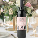 21st birthday party photo collage rose gold cheers wine label<br><div class="desc">A bottle label for a 21st birthday party, celebrating her life with a collage of 3 of your photos. Personalise and add a name, age 21 and a date. Date of birth or the date of the party. White and dark rose gold coloured letters. The text: Cheers. Elegant and trendy...</div>