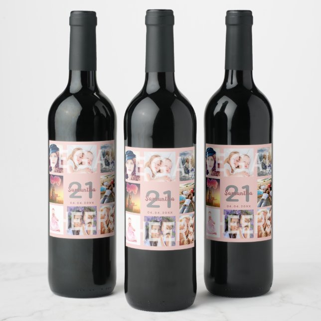 21st birthday party photo collage rose gold legal wine label (Bottles)