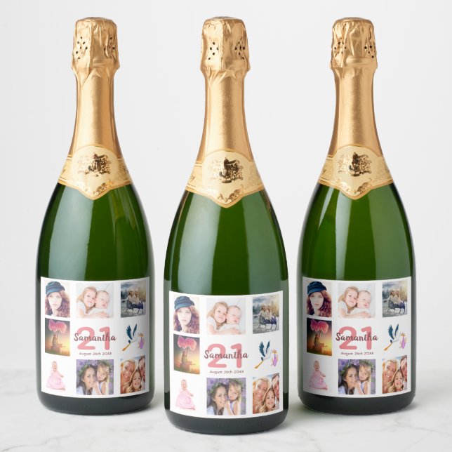21st birthday party photo collage sparkling wine label (Bottles)