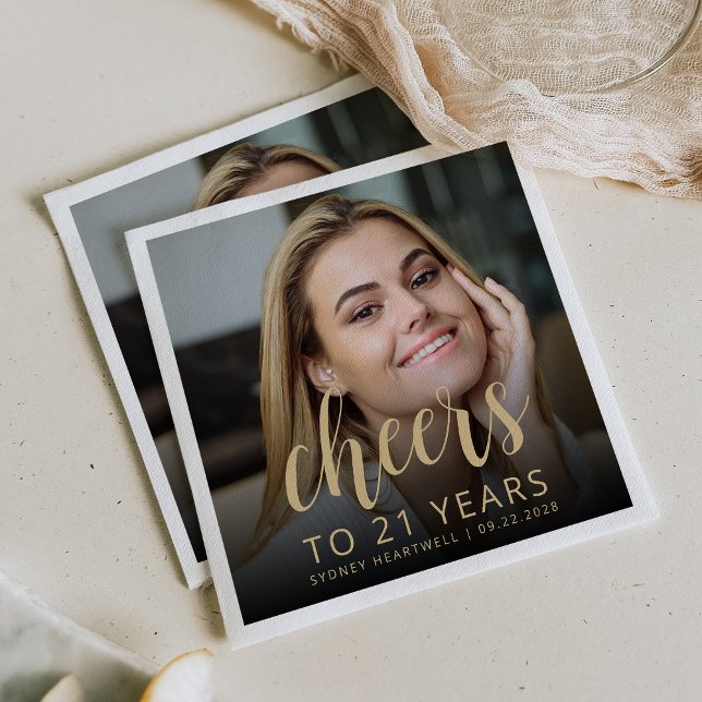 21st Birthday Party Photo Gold Script Cheers Napkin (Creator Uploaded)