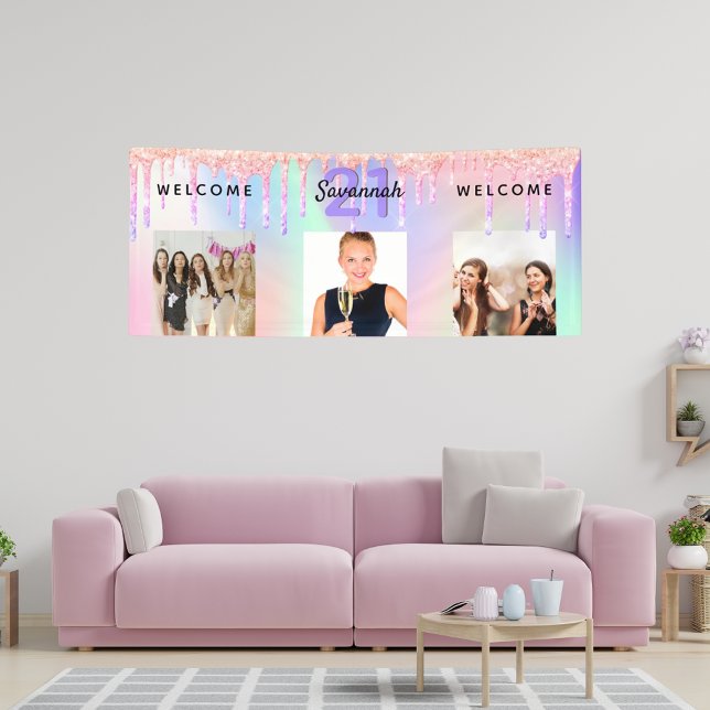 21st birthday party photo holographic pink drips banner (Creator Uploaded)