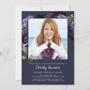 21st Birthday Party Photo Moody Purple Floral Invitation