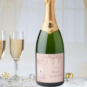 21st birthday party photo rose gold glitter drips sparkling wine label