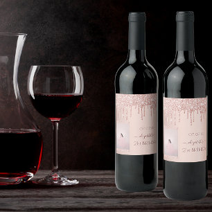 21st birthday party photo rose gold glitter drips wine label