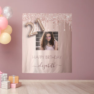 21st birthday party photo rose gold glitter pink tapestry