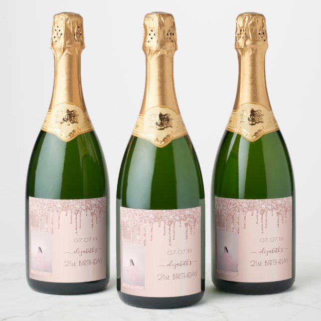 21st birthday party photo rose gold pink sparkling wine label (Bottles)