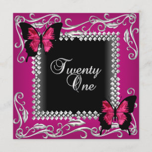 21st Birthday Party Pink Black Butterflies Silver Invitation