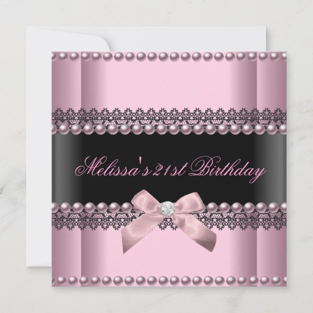 21st Birthday Party Pink Black Lace Pearl Invitation (Front)