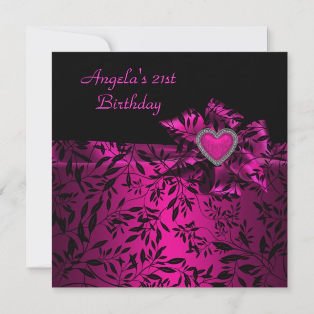 21st Birthday Party Pink Bow Black Floral  21 Invitation (Front)