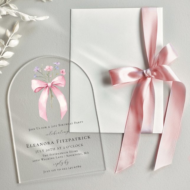 21st Birthday Party Pink Bow Wildflower Arch Acrylic Invitations (Creator Uploaded)