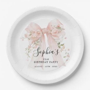 21st Birthday Party Pink Bow with Roses Custom Paper Plate