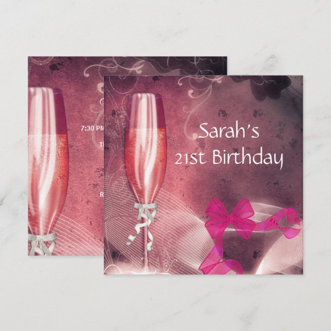 21st Birthday Party Pink Champagne Glass Bow 2 Invitation (Front/Back)