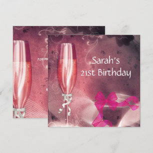 21st Birthday Party Pink Champagne Glass Bow 2 Invitation