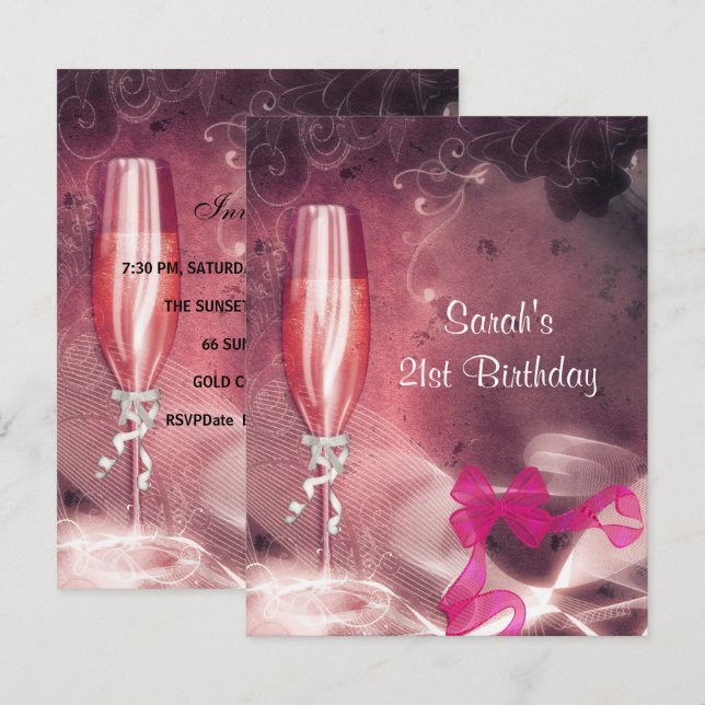 21st Birthday Party Pink Champagne Glass Bow Invitation (Front/Back)