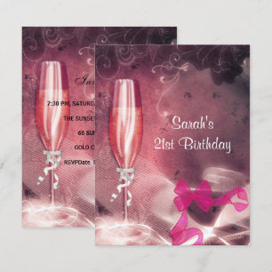 21st Birthday Party Pink Champagne Glass Bow Invitation