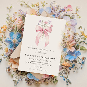 21st Birthday Party Pink Coquette Bow Wildflower Invitation