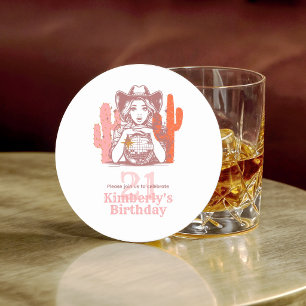 21st Birthday Party Pink Country Cowgirl Disco  Round Paper Coaster