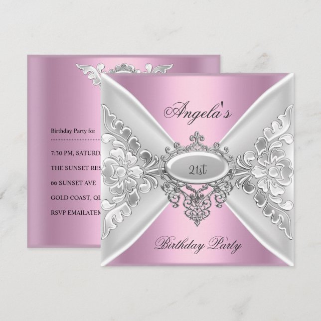 21st Birthday Party Pink Elegant Silver White Invitation (Front/Back)